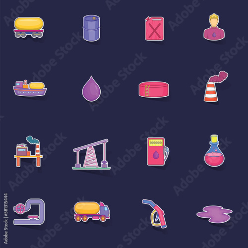 Oil industrial icons set stikers collection vector with shadow on purple background