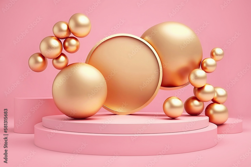 Gold round podium for display product or for merchandise with levitating balls on pink background created with Generative AI technology.