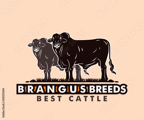 BRANGUS BREEDING FARM LOGO, silhouette of big and strong bull standing vector illustrations