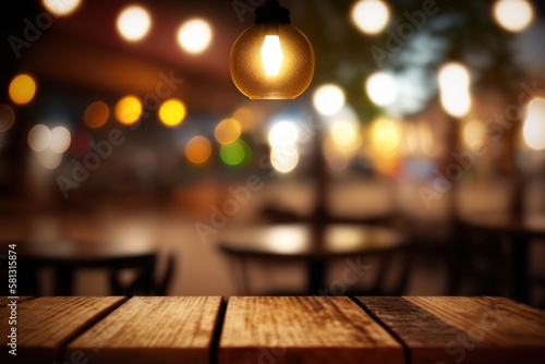 Image of wooden table in front of abstract blurred background of restaurant lights