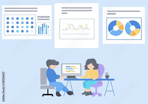 Flat design team meeting about data analytics business and finance chart. marketing planning on computer. data visualization and dashboard concept.