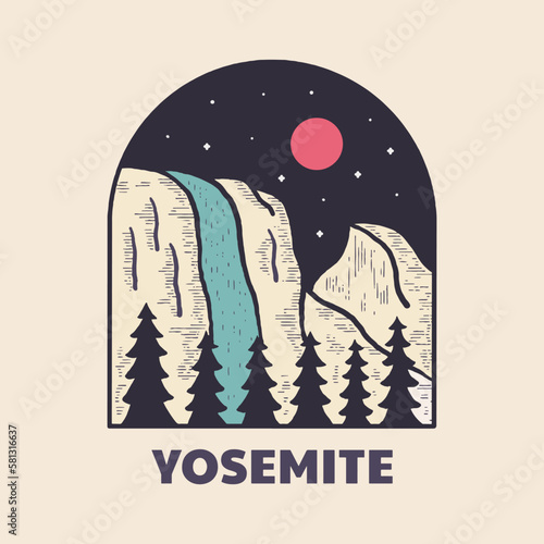 The waterfall on Yosemite National Park Vintage graphic illustration vector for t-shirt, badge, patch design