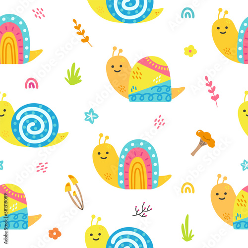 Seamless pattern with snails, rainbow and flowers