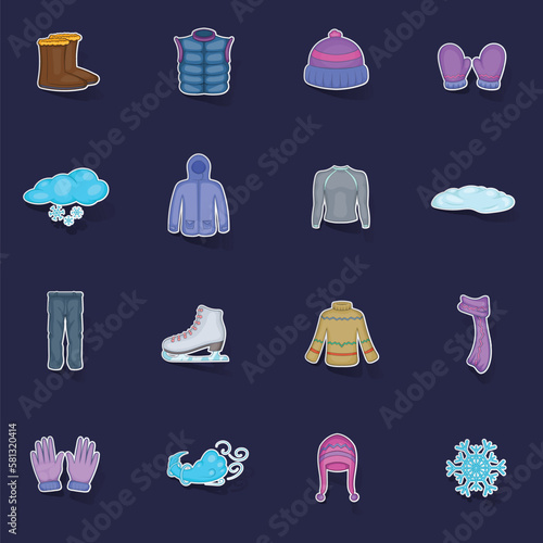 Winter clothes icons set stikers collection vector with shadow on purple background