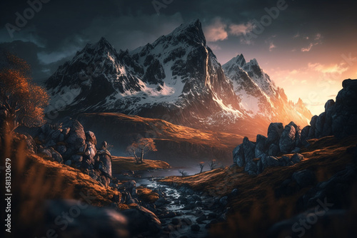 a scenic mountain landscape at sunrise, showcasing the beauty of nature