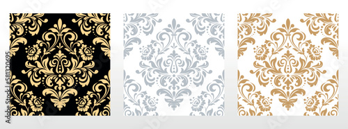 Wallpapers in the style of Baroque. Seamless vector backgrounds. Set of colored floral ornaments. Graphic patterns for fabric, wallpaper, packaging. Ornate Damask flower ornaments