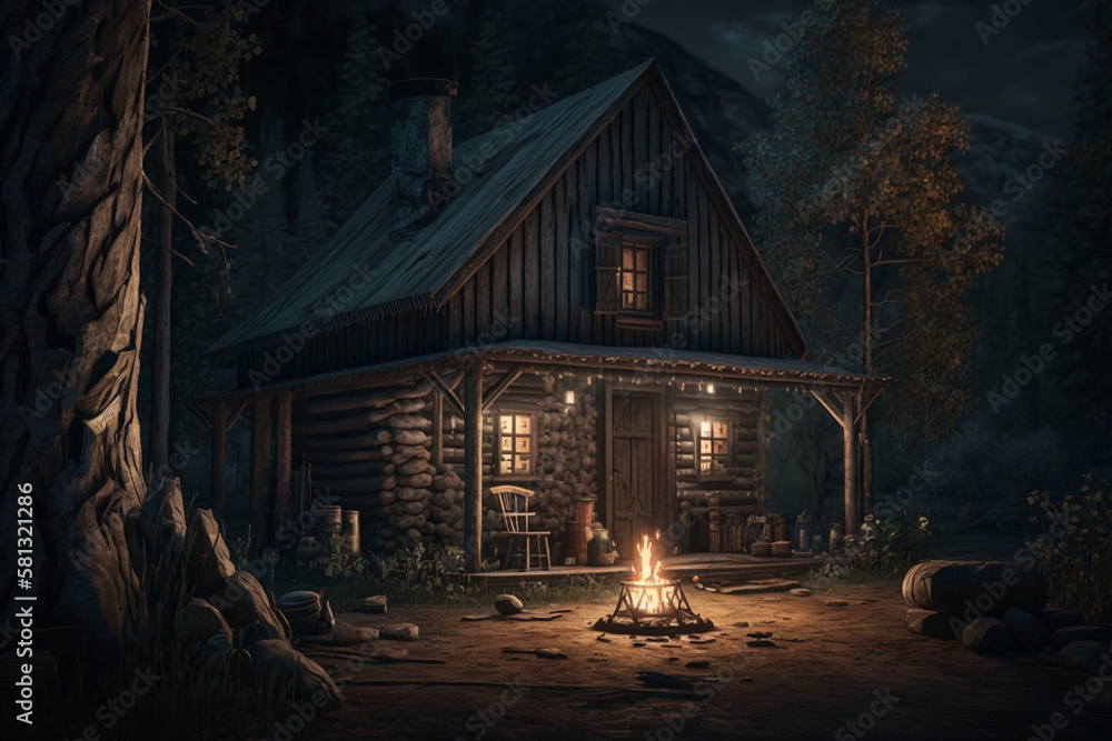 a cozy cabin in the woods with a warm fire, representing the comfort and simplicity of a rural lifestyle
