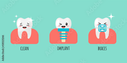 Set of Teeth in different states. Kawaii faces. Vector illustration.