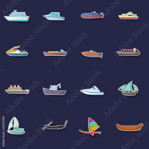 Tela Ship and boat icons set stikers collection vector with shadow on purple backgrou