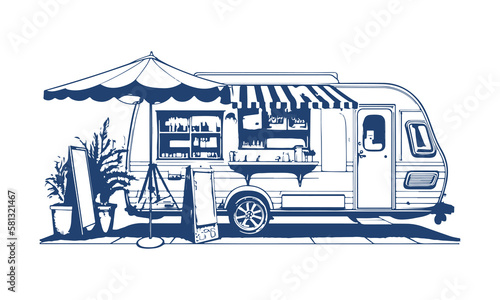 Street Food Truck trailer. Vector monochrome drawing of a street fast food truck.