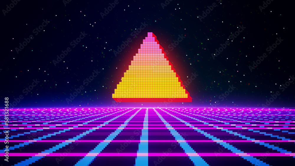 Retro cyberpunk style 80s game scene pixel art 8-bit sci-fi background. Futuristic with laser grid landscape. Digital cyber surface style of the 1980`s. 3D illustration