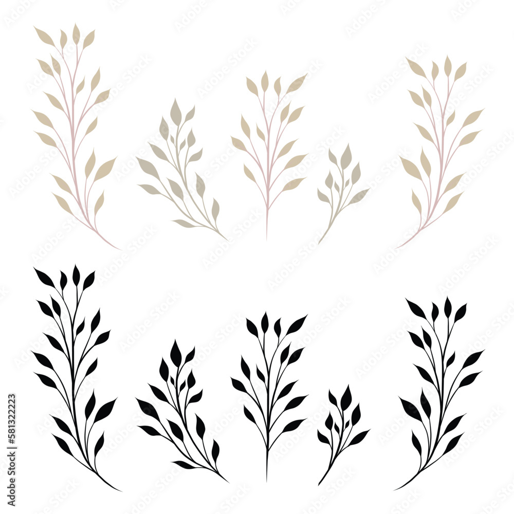 Vector set of branches with foliage isolated from the background. Collection of flat style stems with leaves and black silhouettes
