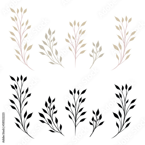 Vector set of branches with foliage isolated from the background. Collection of flat style stems with leaves and black silhouettes