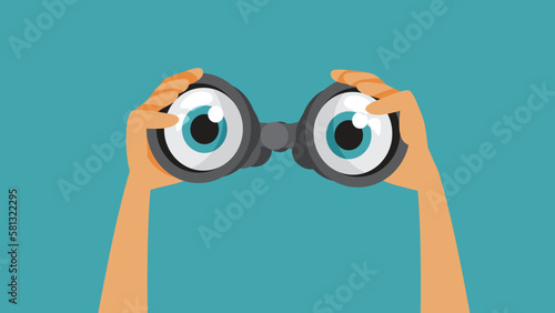 Curious Spy Eyes Checking a Binocular Funny Concept Illustration. Secret agent checking and surveilling in espionage mission
