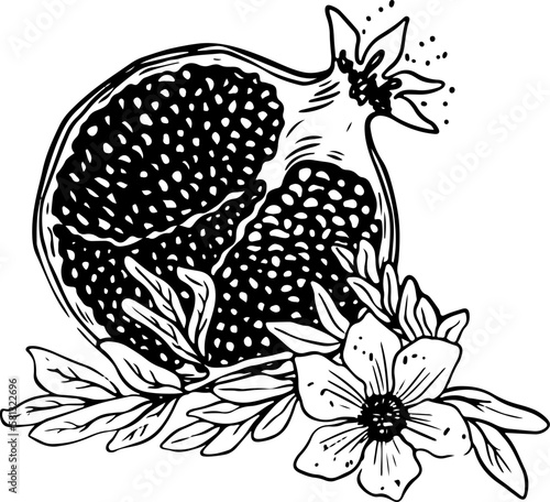 Lineart of sliced pomegranate with leaves and flowers black on white background
