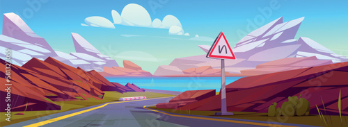 Winding highway with mountain and lake landscape. Vector cartoon illustration of asphalt road running to river, warning traffic sign, rocks on horizon, blue sky with fluffy clouds. Travel adventure