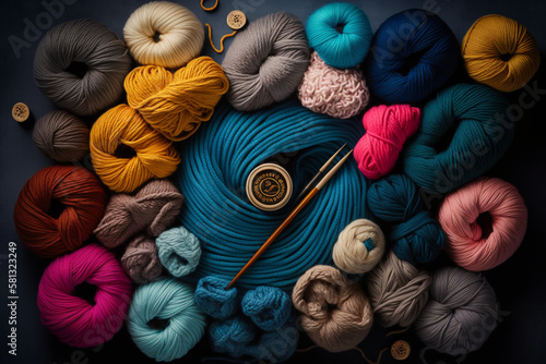 Flat lay of colorful yarn, arrange yarn skeins in a visually pleasing way to emphasize the artistry and creativity involved in knitting and crocheting