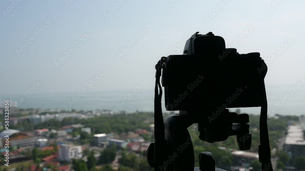 black digital camera shooting city landscape, slow motion scene black digital camera shooting city landscape, slow motion scene