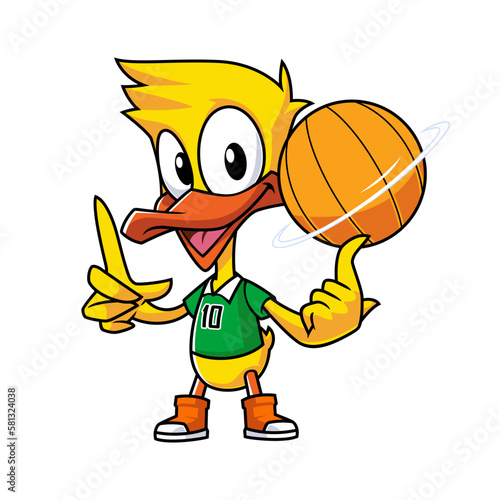 Cute duck cartoon playing basketball on finger vector illustration