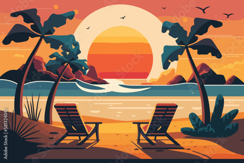 Summer tropical background. Sunset or sunrise colors. Beautiful orange sky and nature landscape with two sun loungers without people on the beach. Flat style vector illustration.