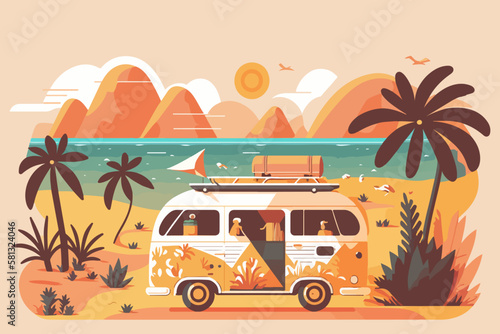 Summer vacation surf bus flat vector illustration. Tropical beach retro surfing vintage greeting card.