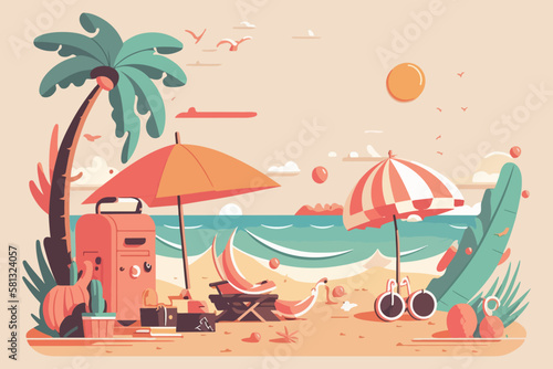Summer vacation banner. Tropical beach with precious objects, bags, umbrellas. Horizontal flat vector illustration.
