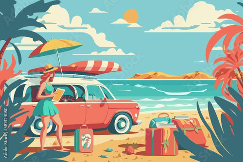 Girl with a book on the beach near a retro car with vacation bags. Summer vacation flat vector illustration.