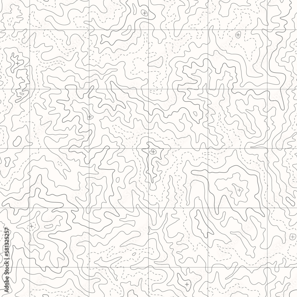 Topographic line map, topo curves seamless monochrome texture. Line topography map contour background with abstract shapes and geographic grid vector illustration