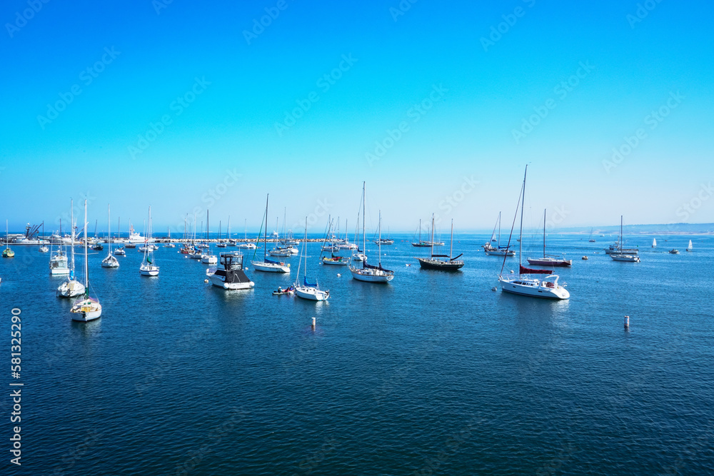 Shot of the boats docked at the Monterey Bay in California