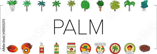 palm oil tree leaf plant icons set vector