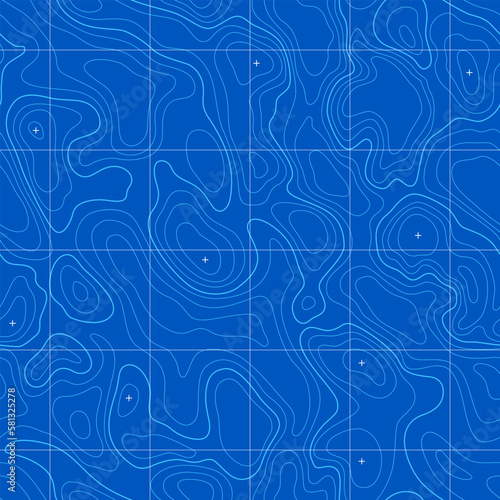 Sea depth abstract topographic map seamless pattern background. Topography map of sea on cyan blue background with wavy lines and geographic grid vector illustration
