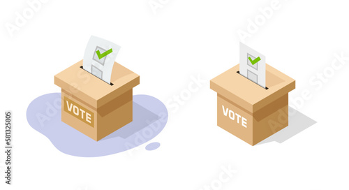 Vote election box icon 3d isometric vector graphic illustration, ballot urn with register check form modern design, poll paper clipart image