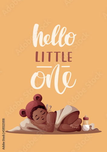 Card with baby girl sleeping in hat with ears. Handwritten text. Newborn, Childbirth, Baby care, babyhood, childhood, infancy concept. Vector illustration for card, postcard, cover.