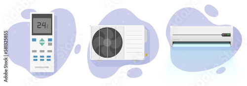 Air conditioner split system flat vector graphic design illustration, condition unit wind flow fan and remote control isolated icon, airconditioner climate vent clipart image modern