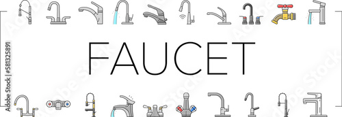 faucet water sink tap bathroom icons set vector