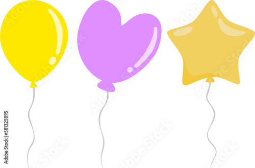 Cartoon colorful heart, round and star balloons for holidays, festival, anniversary or birthday party decoration. 