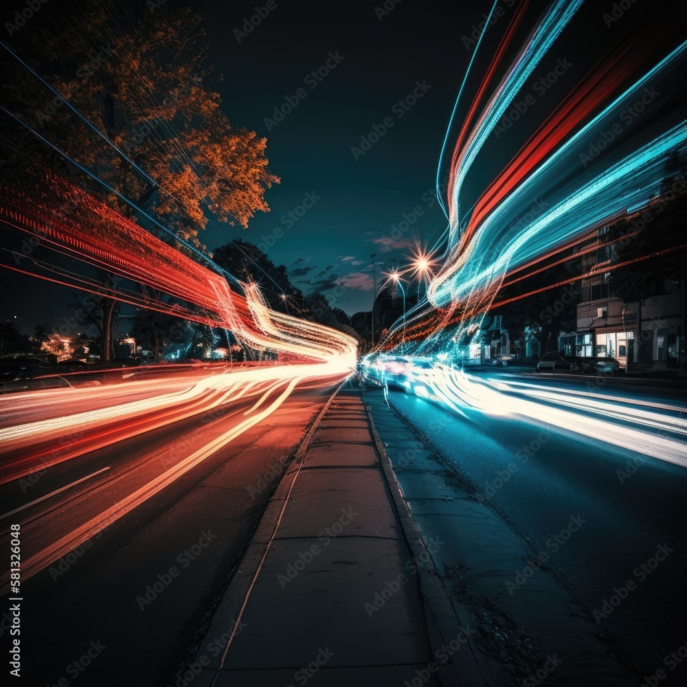 light trails from headlights and brake lights in the city.Generative AI