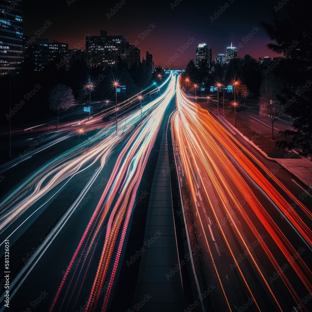light trails from headlights and brake lights in the city.Generative AI