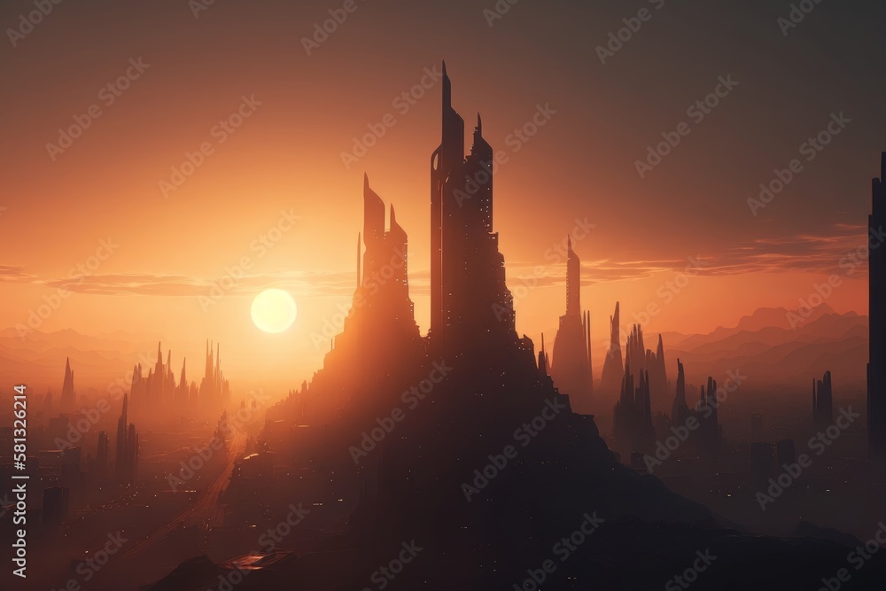 Naklejka premium Generative AI of beautiful sunset over the ancient city in the fog