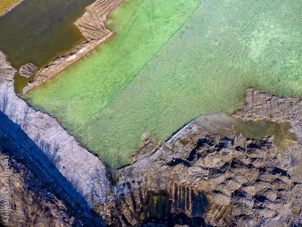 Aerial view landscape. Construction, treatment plant, pond. Infected water.