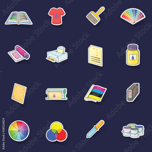 Print process icons set stikers collection vector with shadow on purple background