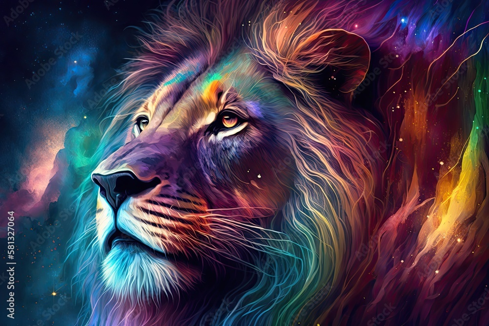 Naklejka premium Majestic lion face blends with the colorful universe. Generative AI