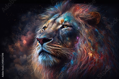 Majestic lion face blends with the colorful universe. Generative AI