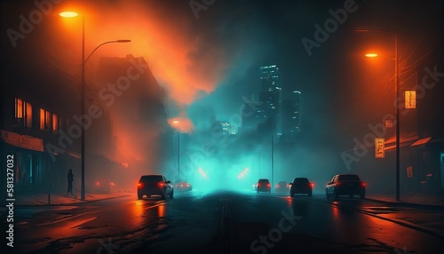 Dark street, night smog and smoke neon light. Dark background of the night city. Generative ai