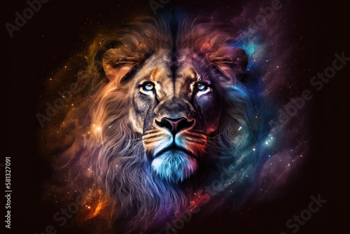 Majestic lion face blends with the colorful universe. Generative AI © Dev Creative