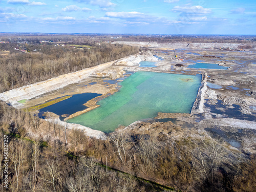 Aerial view landscape. Construction, treatment plant, pond. Infected water. 
