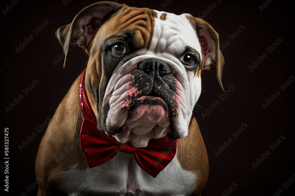 A bulldog in a red bow tie. Generative AI.