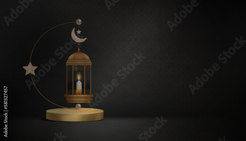 Islamic Podium with 3d Traditional islamic lantern with Crescent moon on black background,Vector Backdrop for Muslims religion of the month,Eid al fitr, Ramadan Kareem,Eid al Adha,Eid Mubarak