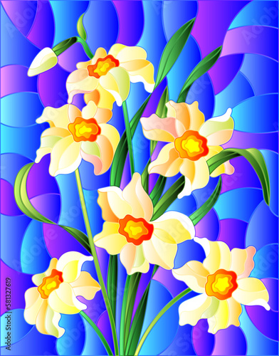 Illustration in stained glass style with yellow daffodils on blue background  rectangular image
