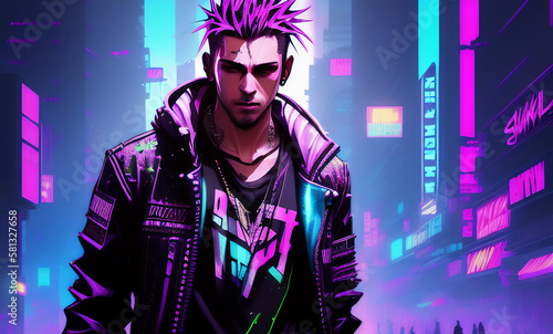 An abstract depiction of a handsome cyberpunk man with pink hair in a futuristic city. Generative AI 